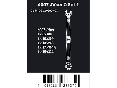WERA 6007 JOKER 5 SET 1 1 x 8x180; 1 x 10x209; 1 x 13x245; 1 x 17x304.5; 1 x 19x334