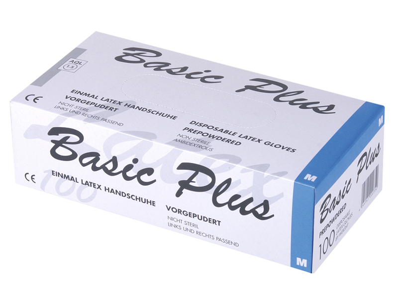 LATEXHANDSKE UFRAVET BASIC PLUS M/PUDDER F/FØDEVAREPROD. 100 STK