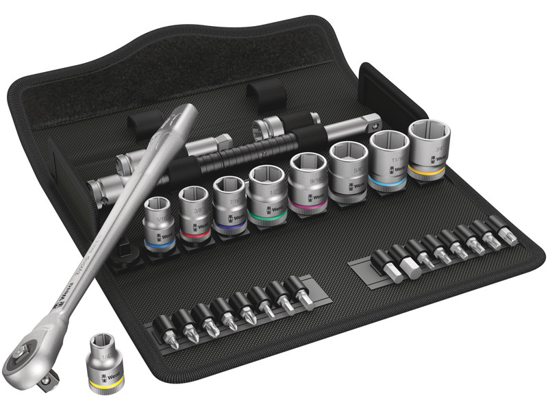 WERA ZYKLOP METAL-SKRALDESÆT 8100 SB 10, GENNEMSTIKSFIRKANT, 3/8"-TILSLUTNING, TOMMEMÅL, 29 DELE