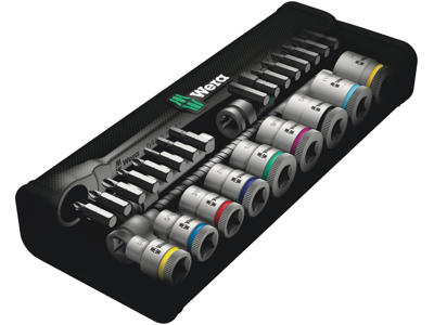 WERA ZYKLOP METAL-SKRALDESÆT 8100 SB 10, GENNEMSTIKSFIRKANT, 3/8"-TILSLUTNING, TOMMEMÅL, 29 DELE