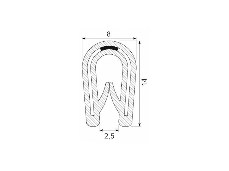 KANTLISTE M/STÅLINDLÆG F/1-3MM PL. SORT PVC UDV.MÅL 8X14MM