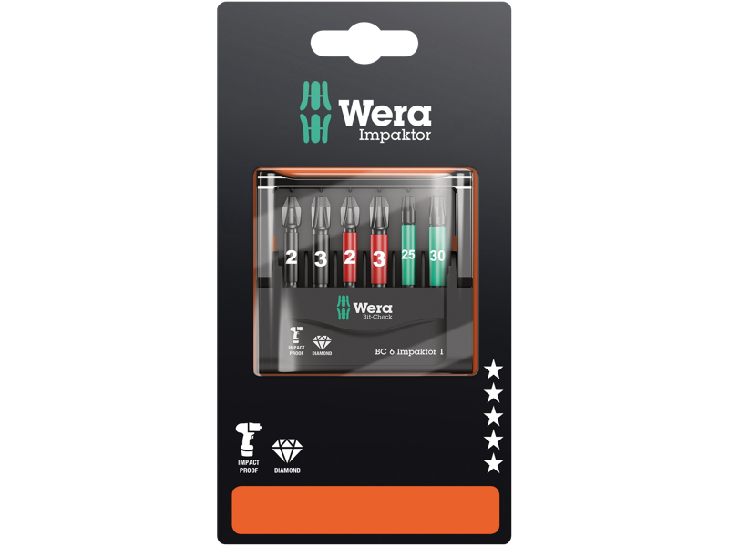 WERA SLAGBITSSORT. BITCHECK 6 IMPAKTOR DC 50MM PH/PZ/TX - FARVET BITS