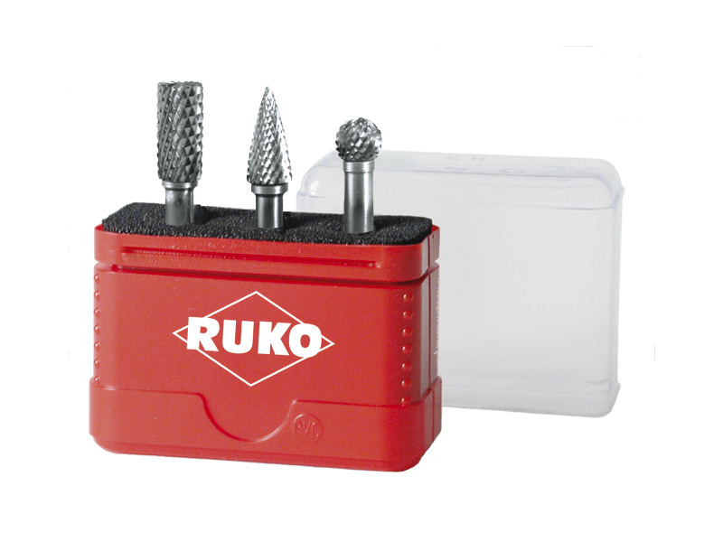 RUKO HÅRMETALFRÆSERE I BOX 116001 3 STK Ø10 CYLINDER/SPIDS/KUGLE