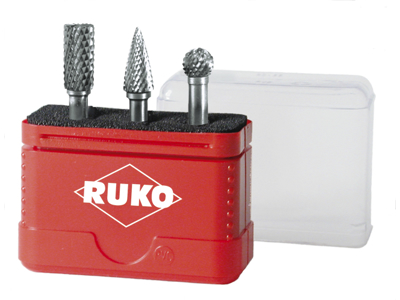 RUKO HÅRMETALFRÆSERE I BOX 116001 3 STK Ø10 CYLINDER/SPIDS/KUGLE