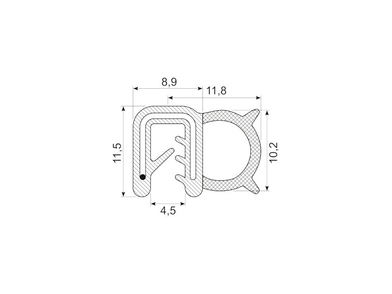 KANTLISTE M/STÅLINDLÆG F/1-3MM PL.  SORT EPDM CO-EX M. RUND VULK A' SVAMP