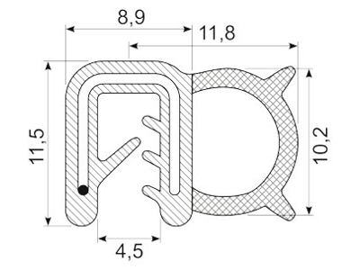 KANTLISTE M/STÅLINDLÆG F/1-3MM PL.  SORT EPDM CO-EX M. RUND VULK A' SVAMP