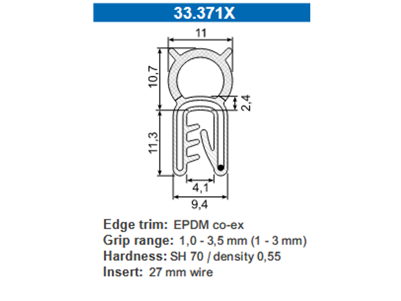 KANTLISTE M/STÅLINDLÆG F/1-3MM PL. SORT PVC MED RUND VULK AF SVAMPEGUMMI