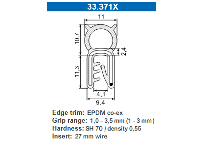 KANTLISTE M/STÅLINDLÆG F/1-3MM PL. SORT PVC MED RUND VULK AF SVAMPEGUMMI