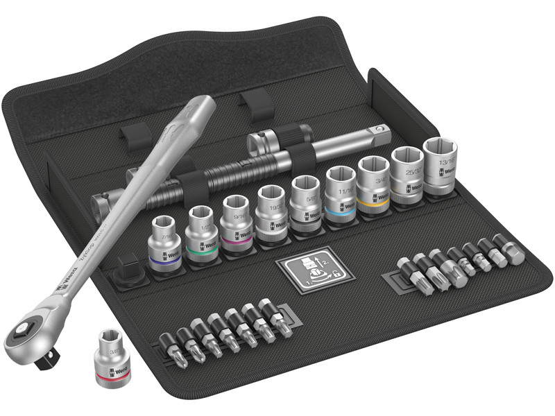 WERA ZYKLOP METAL-SKRALDESÆT 8100 SC 10, GENNEMSTIKSFIRKANT, 1/2"-TILSLUTNING, TOMMEMÅL, 28 DELE