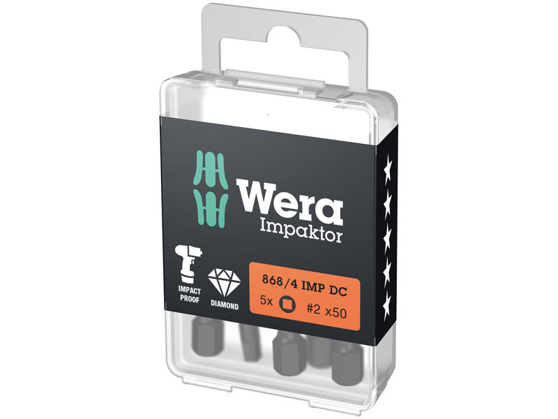 WERA IMPAKTOR INDVENDIG FIRKANT BITS 868/4 IMP DC DIY, # 2 X 50 MM, 5 DELE