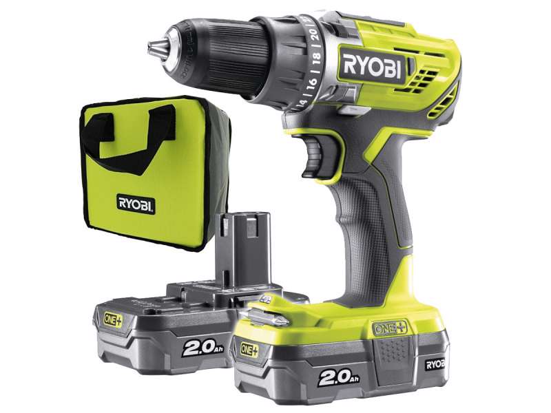 RYOBI BORE/SKRUEMASKINE 18V 2XBATT. 2.0AH+LADER I TASKE