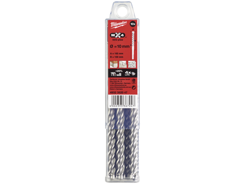 MILWAUKEE HAMMERBOR MX4 4-SKÆRS BOR SDS PLUS 10.0X100MM/160MM 10 STK PAK