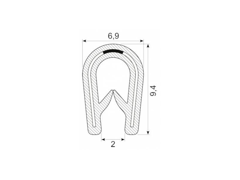 KANTLISTE M/STÅLINDLÆG F/1-2MM PL SORT PVC UDV. MÅL 6X10MM