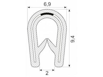 KANTLISTE M/STÅLINDLÆG F/1-2MM PL SORT PVC UDV. MÅL 6X10MM