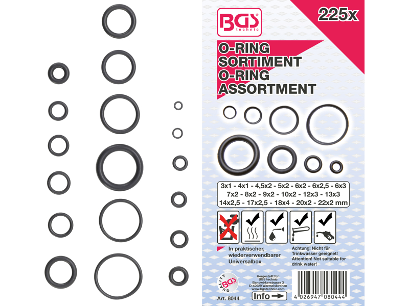 O-RINGSSORTIMENT Ø 3 - 22 MM 225 DELE